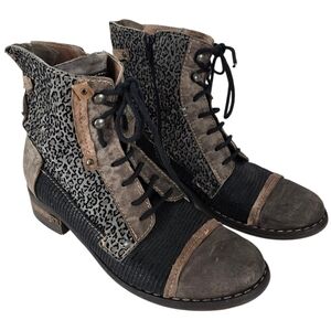Charme Leather Mixed Media Distressed Lace Up Moto Boots Size 39 Italian Made